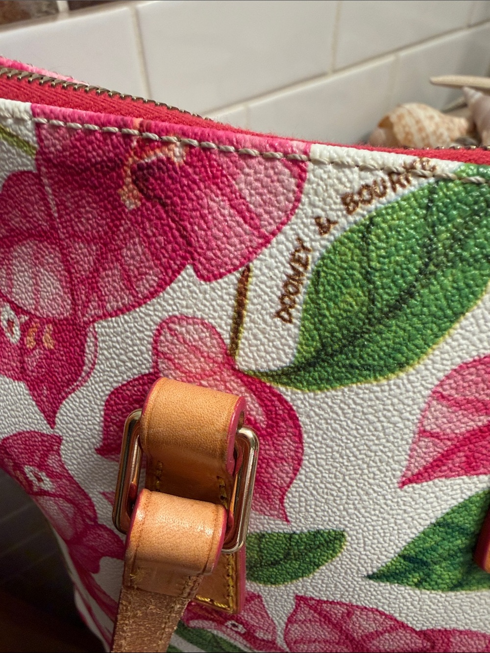 Dooney & Bourke Pink Floral LeatherTote with Tan Straps - Picture 3 of 12